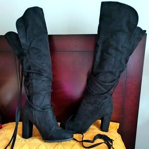 High-heeled Knee-high Lace-wrap-around Black Boots